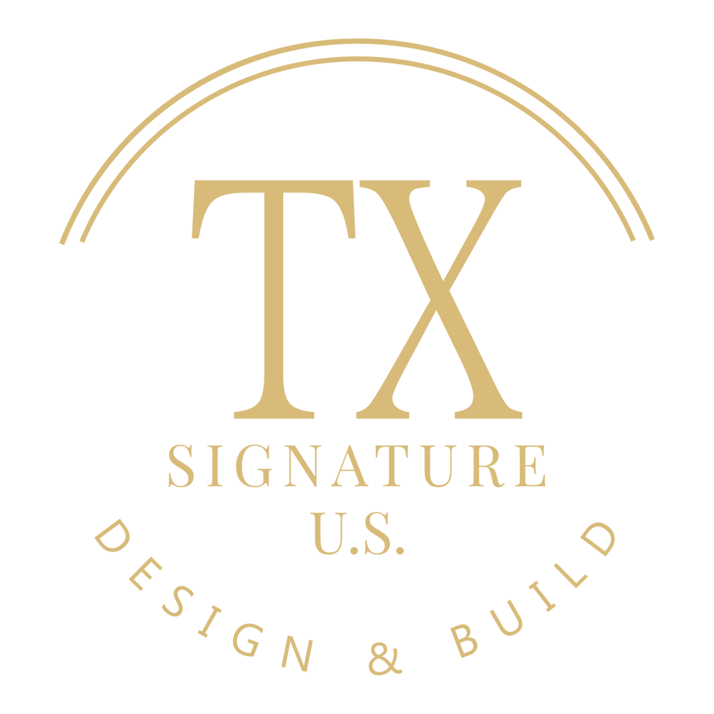 TX SIGNATURE U.S. logo with DESIGN & BUILD text in circular arrangement, featuring a semi-circular arc on white against black background